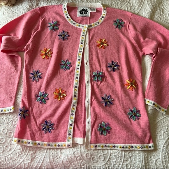 VINTAGE STORYBOOK KNITS Sequin flower daisy cardigan sweater SIZE SMALL BRATZ - Picture 1 of 13